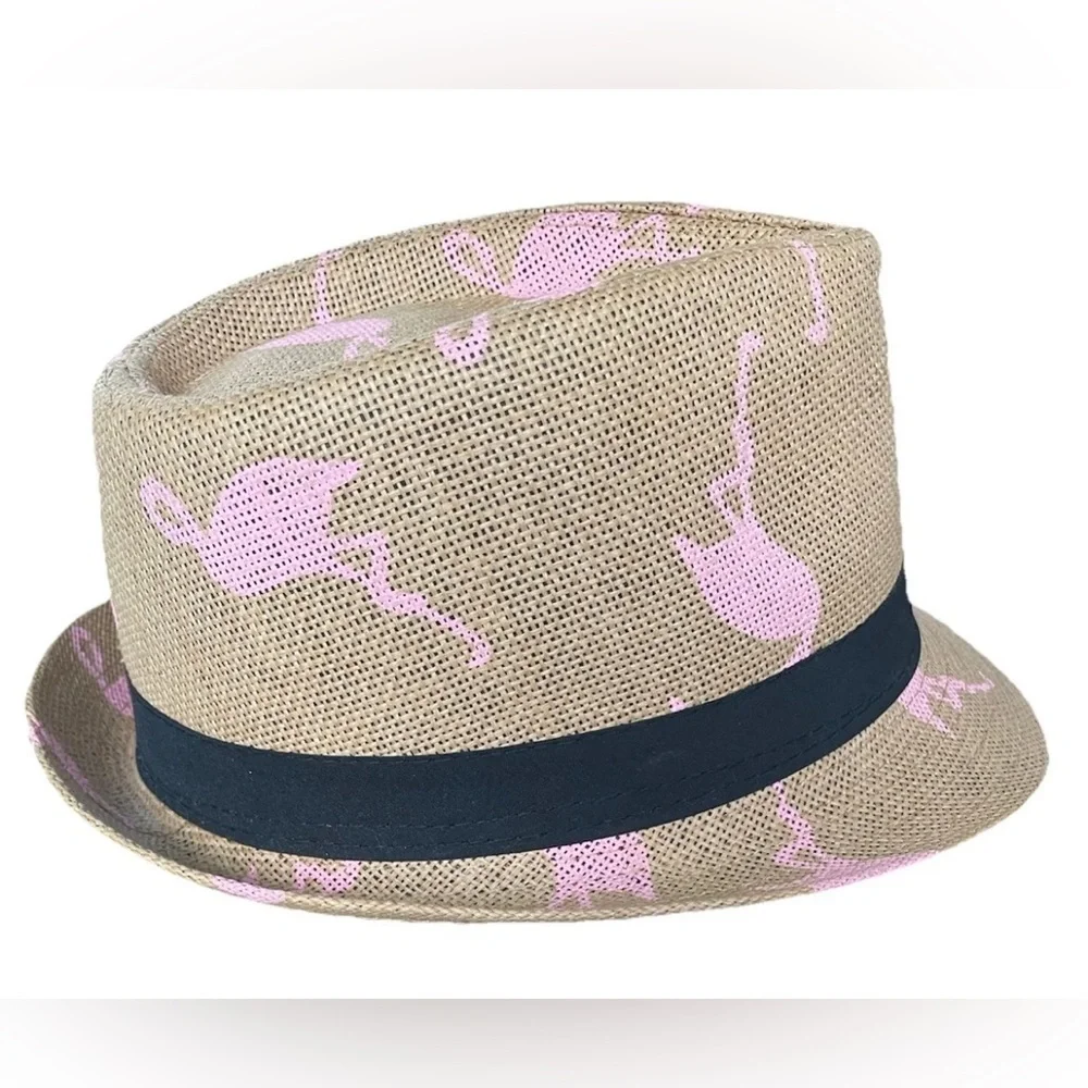 Boys Toddler Hat Tan Fedora with Pink flamingos 4 and under EUC